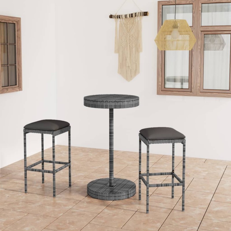 vidaXL Set Bar da Giardino 3 pz con Cuscini in Polyrattan Grigio vidaXL Set Bar da Giardino 3 pz con Cuscini in Polyrattan Grigio