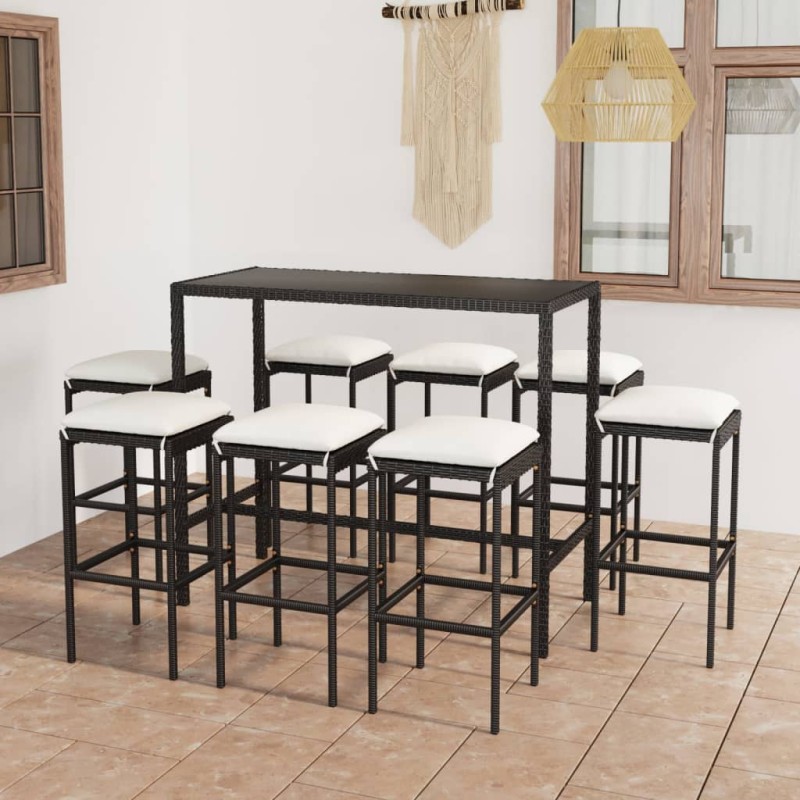 vidaXL Set da Bar da Giardino 9 pz con Cuscini in Polyrattan Nero