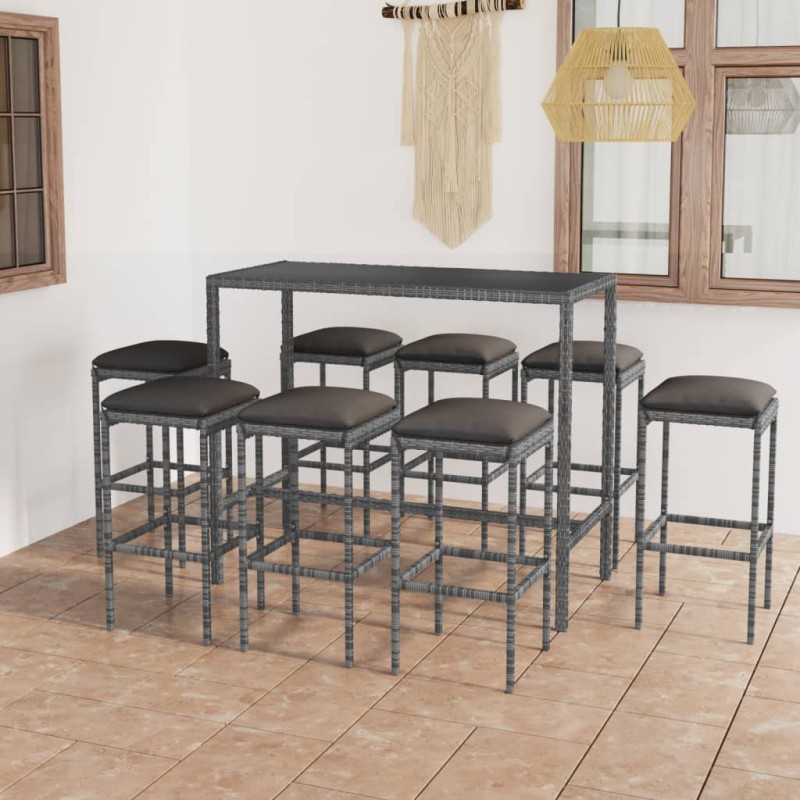 vidaXL Set da Bar per Giardino 9 pz con Cuscini in Polyrattan Grigio vidaXL Set da Bar per Giardino 9 pz con Cuscini in Polyrattan Grigio