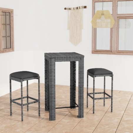 vidaXL Set Bar da Giardino 3 pz con Cuscini in Polyrattan Grigio