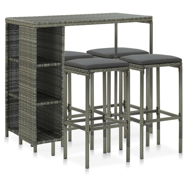 vidaXL Set da Bar da Giardino 5 pz con Cuscini in Polyrattan Grigio vidaXL Set da Bar da Giardino 5 pz con Cuscini in Polyrattan Grigio