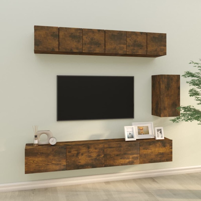 Set di Mobili Porta TV 6 pz Rovere Fumo in Legno Multistrato Set di Mobili Porta TV 6 pz Rovere Fumo in Legno Multistrato