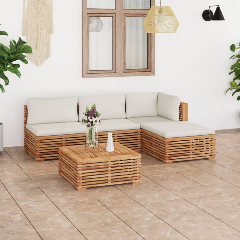 vidaXL Set Divani da Giardino 5 pz con Cuscini Crema in Legno di Teak