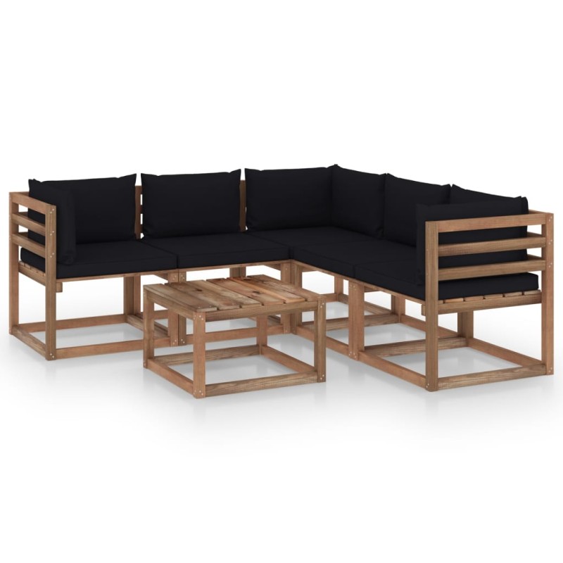 vidaXL Set Salotto Giardino con Cuscini Neri 6pz Legno Pino Impregnato vidaXL Set Salotto Giardino con Cuscini Neri 6pz Legno Pino Impregnato