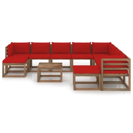 vidaXL Set Divani da Giardino 11 pz con Cuscini Rossi