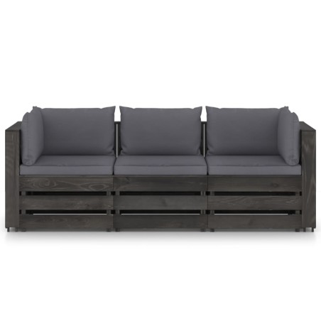 vidaXL Divano da Giardino 3 Posti con Cuscini Legno Impregnato Grigio