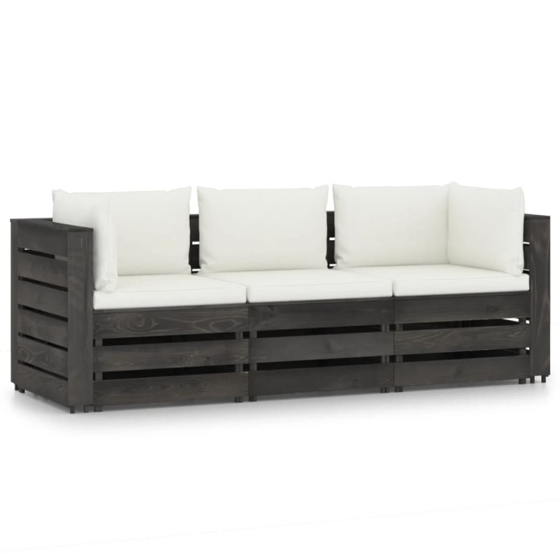 vidaXL Divano da Giardino 3 Posti con Cuscini Legno Impregnato Grigio vidaXL Divano da Giardino 3 Posti con Cuscini Legno Impregnato Grigio