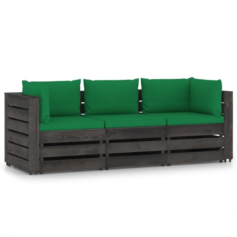 vidaXL Divano da Giardino 3 Posti con Cuscini Legno Impregnato Grigio vidaXL Divano da Giardino 3 Posti con Cuscini Legno Impregnato Grigio