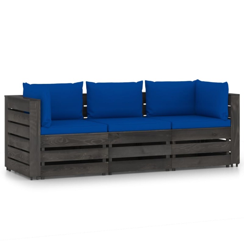 vidaXL Divano da Giardino 3 Posti con Cuscini Legno Impregnato Grigio vidaXL Divano da Giardino 3 Posti con Cuscini Legno Impregnato Grigio