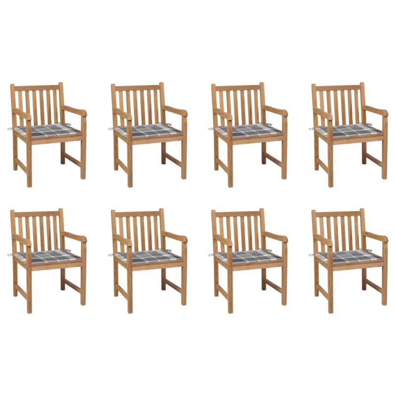 vidaXL Sedie Giardino 8 pz con Cuscini Grigi a Quadri Massello di Teak vidaXL Sedie Giardino 8 pz con Cuscini Grigi a Quadri Massello di Teak