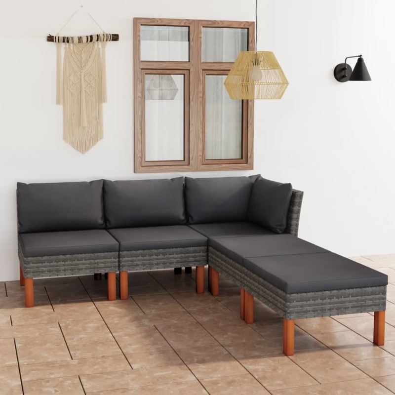 Set Divani da Giardino 5 pz con Cuscini in Polyrattan Grigio Set Divani da Giardino 5 pz con Cuscini in Polyrattan Grigio