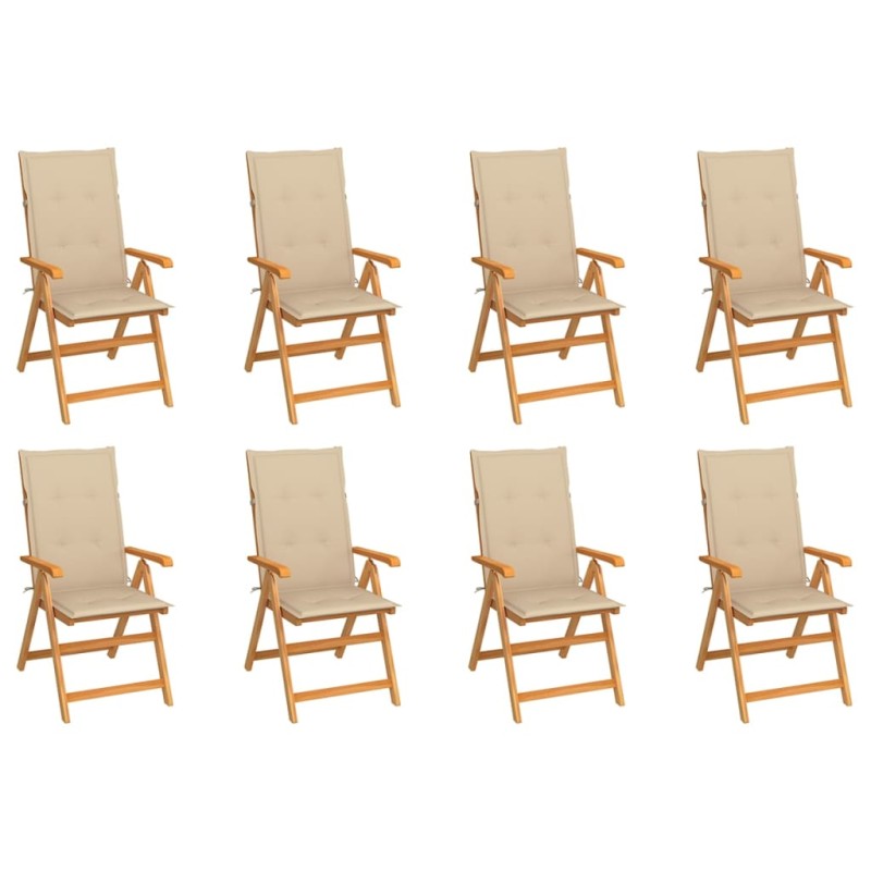 vidaXL Sedie Reclinabili da Giardino con Cuscini 8 pz Massello di Teak