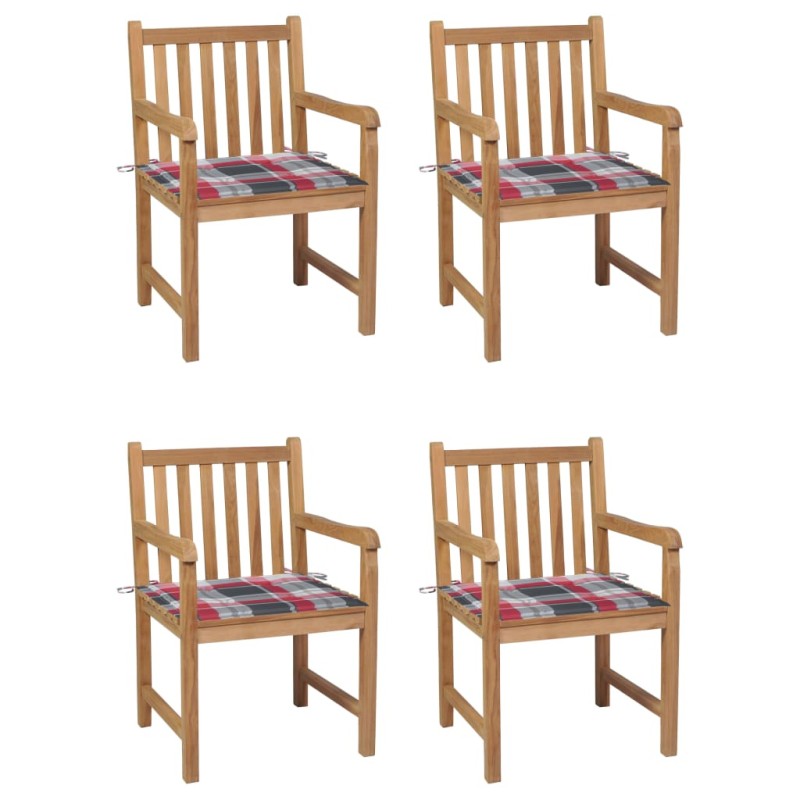 vidaXL Sedie Giardino 4 pz con Cuscini Rossi a Quadri Massello di Teak vidaXL Sedie Giardino 4 pz con Cuscini Rossi a Quadri Massello di Teak
