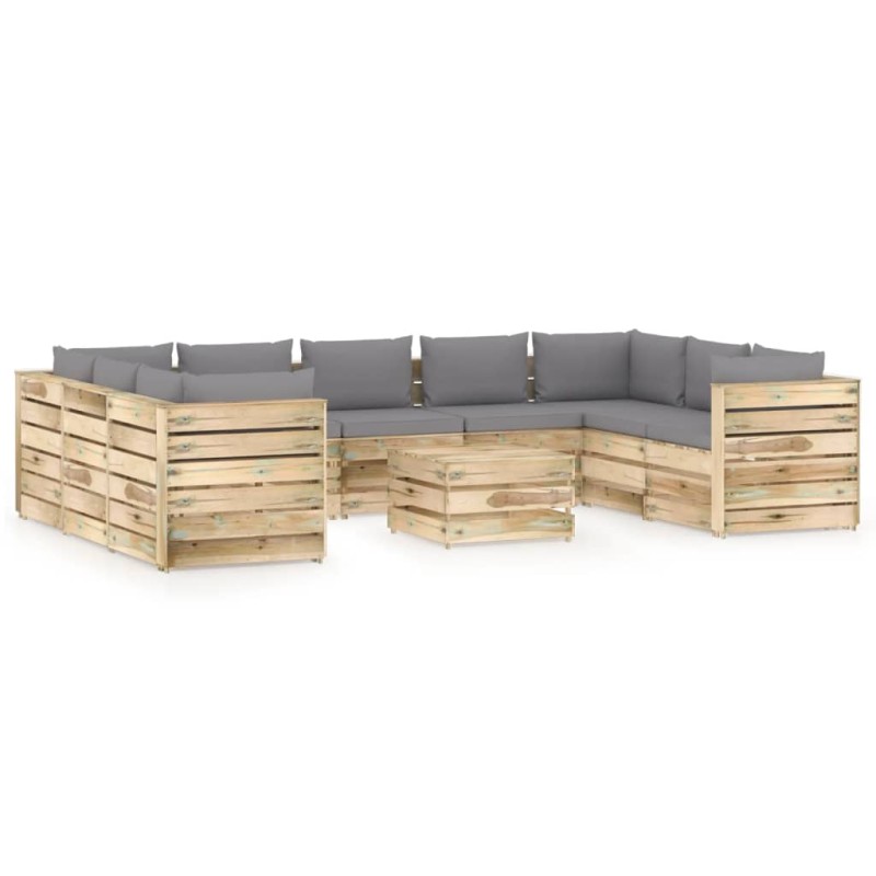 vidaXL Set Divani da Giardino con Cuscini 10 pz Legno Impregnato Verde vidaXL Set Divani da Giardino con Cuscini 10 pz Legno Impregnato Verde