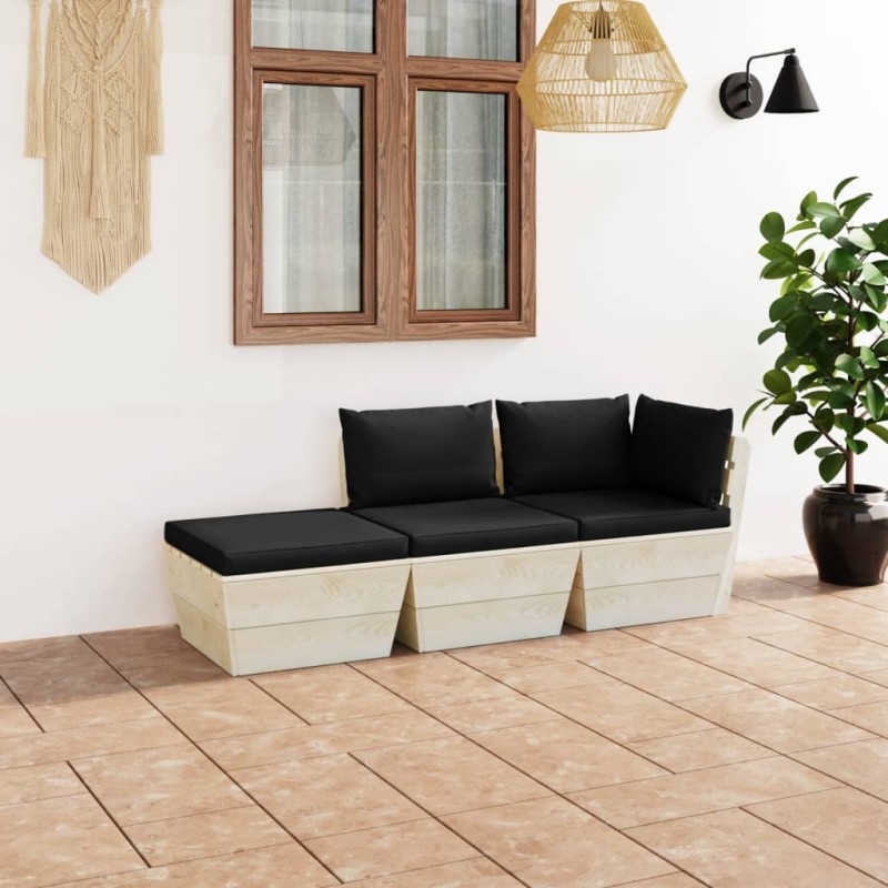 Set Divani da Giardino su Pallet 3 pz con Cuscini Legno Abete Set Divani da Giardino su Pallet 3 pz con Cuscini Legno Abete
