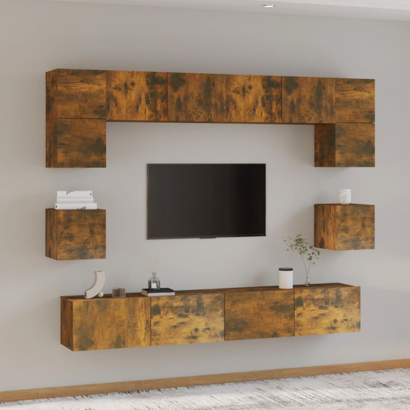 Set Mobili Porta TV 8pz Rovere Fumo in Legno Multistrato Set Mobili Porta TV 8pz Rovere Fumo in Legno Multistrato