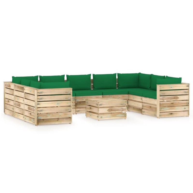 vidaXL Set Divani da Giardino con Cuscini 10 pz Legno Impregnato Verde vidaXL Set Divani da Giardino con Cuscini 10 pz Legno Impregnato Verde