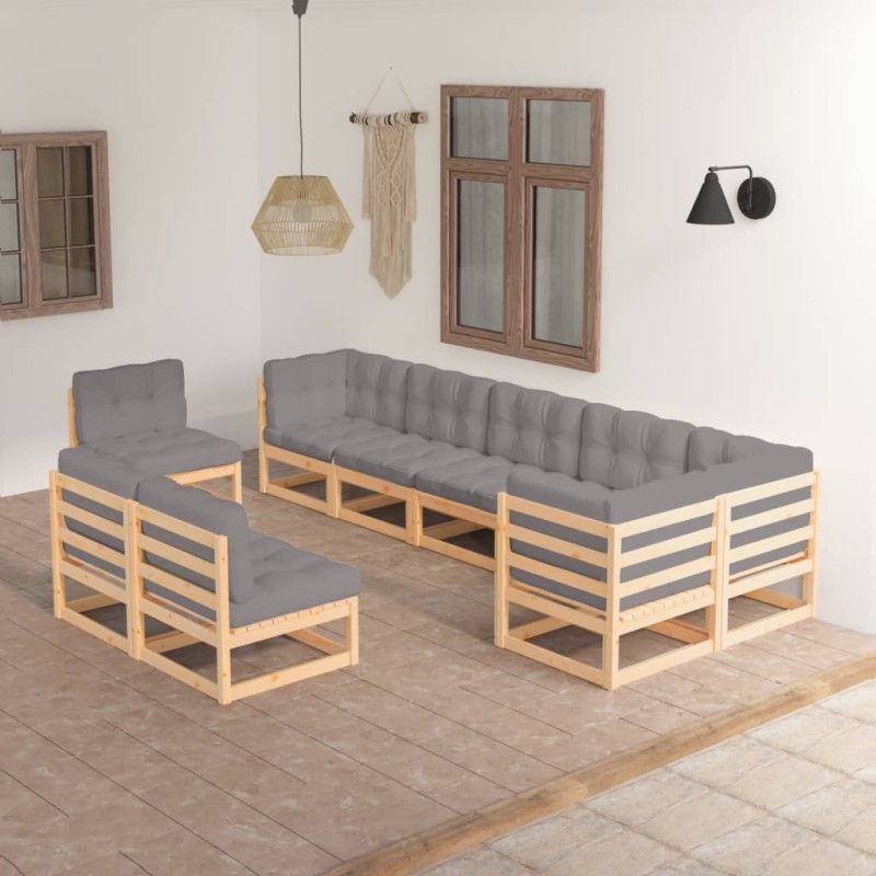 vidaXL Set Divani da Giardino 9 pz con Cuscini Legno Massello di Pino vidaXL Set Divani da Giardino 9 pz con Cuscini Legno Massello di Pino