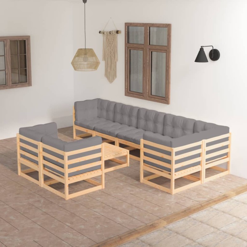 vidaXL Set Salotto Giardino 9 pz Cuscini Antracite Legno Massello Pino vidaXL Set Salotto Giardino 9 pz Cuscini Antracite Legno Massello Pino