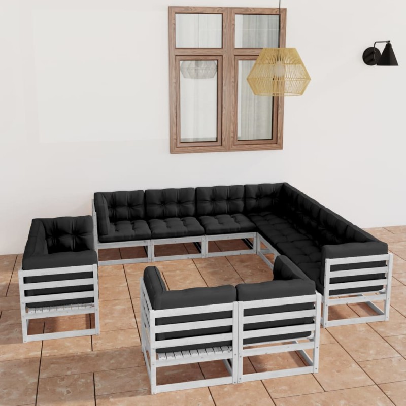 vidaXL Set Divani da Giardino 11pz con Cuscini Massello di Pino Bianco vidaXL Set Divani da Giardino 11pz con Cuscini Massello di Pino Bianco