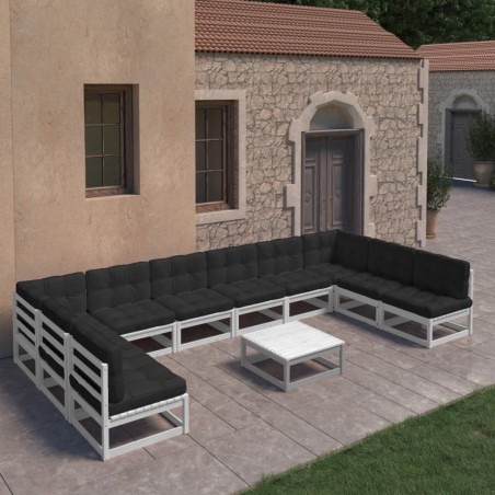 vidaXL Set Divani da Giardino 11pz con Cuscini Massello di Pino Bianco