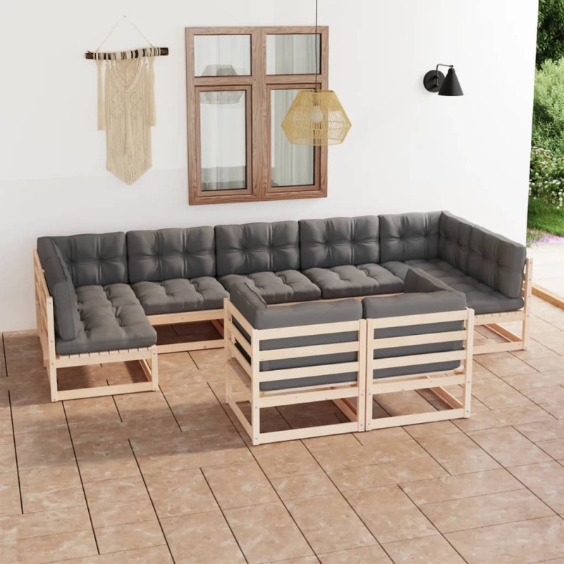 vidaXL Set Divani da Giardino 9 pz con Cuscini Legno Massello di Pino vidaXL Set Divani da Giardino 9 pz con Cuscini Legno Massello di Pino