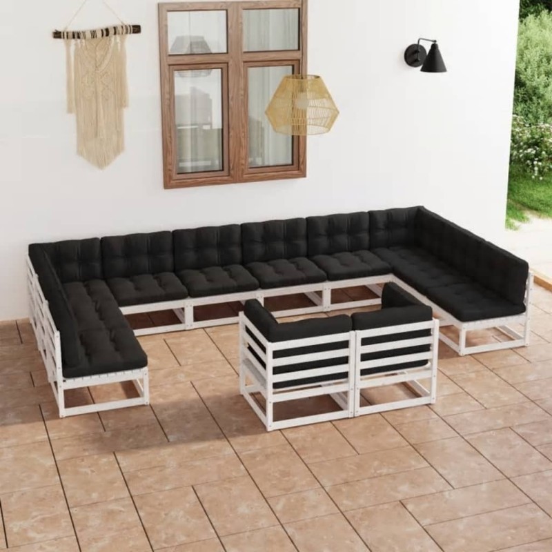 vidaXL Set Divani da Giardino 12 pz Cuscini Bianchi Massello di Pino vidaXL Set Divani da Giardino 12 pz Cuscini Bianchi Massello di Pino