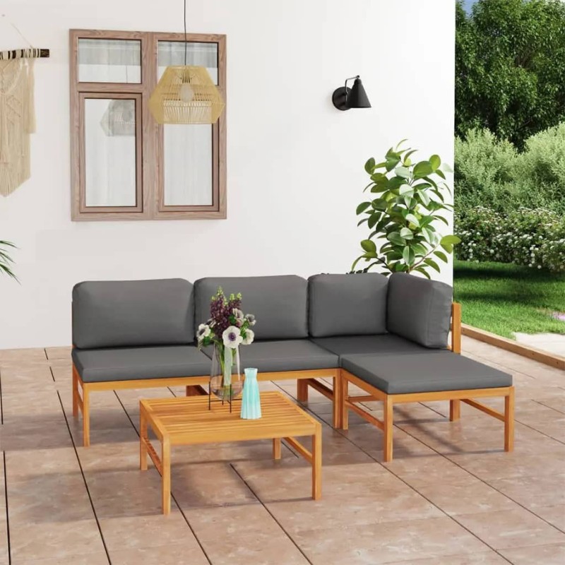 vidaXL Set Divani Giardino 5pz Cuscini Grigi in Legno Massello di Teak vidaXL Set Divani Giardino 5pz Cuscini Grigi in Legno Massello di Teak