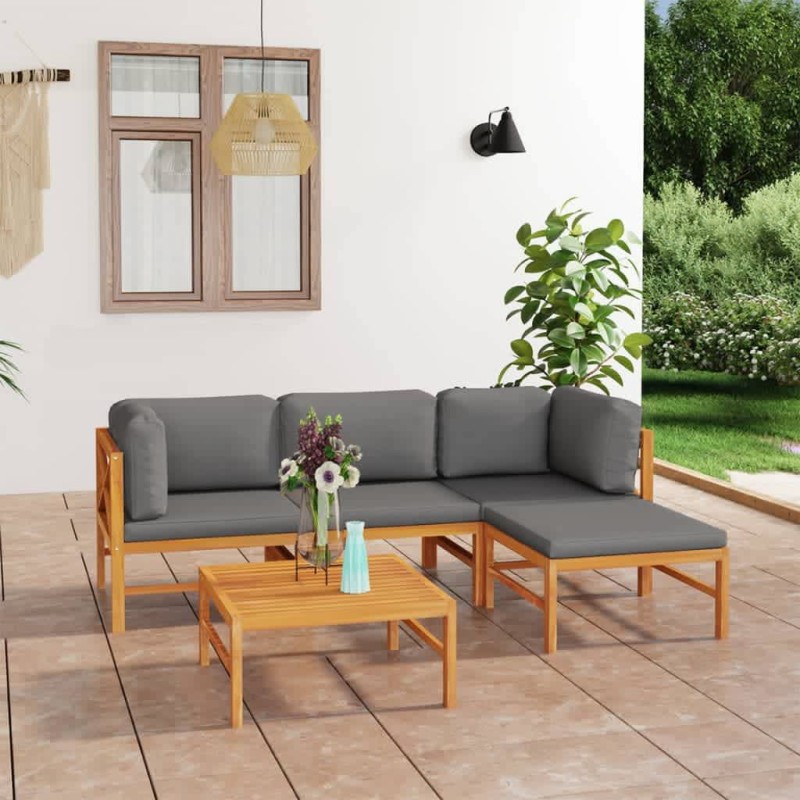 vidaXL Set Divani da Giardino 5pz Cuscini Grigi Legno Massello di Teak vidaXL Set Divani da Giardino 5pz Cuscini Grigi Legno Massello di Teak