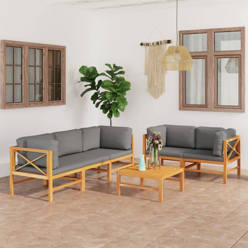vidaXL Set Divani da Giardino 6pz Cuscini Crema Legno Massello di Teak