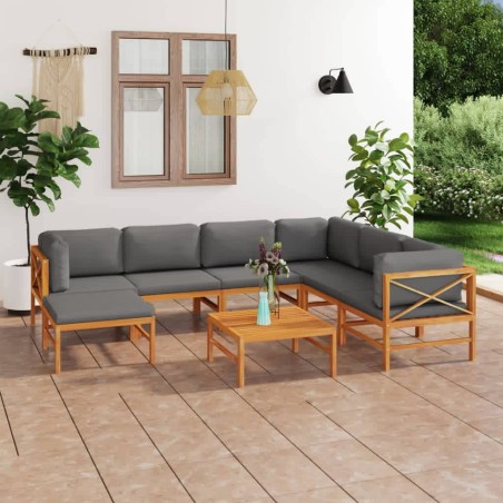 vidaXL Set Divani da Giardino 8pz Cuscini Grigi Legno Massello di Teak