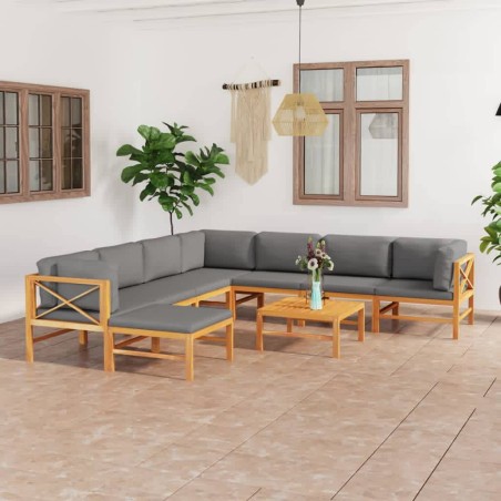vidaXL Set Divani da Giardino 9pz Cuscini Grigi Legno Massello di Teak