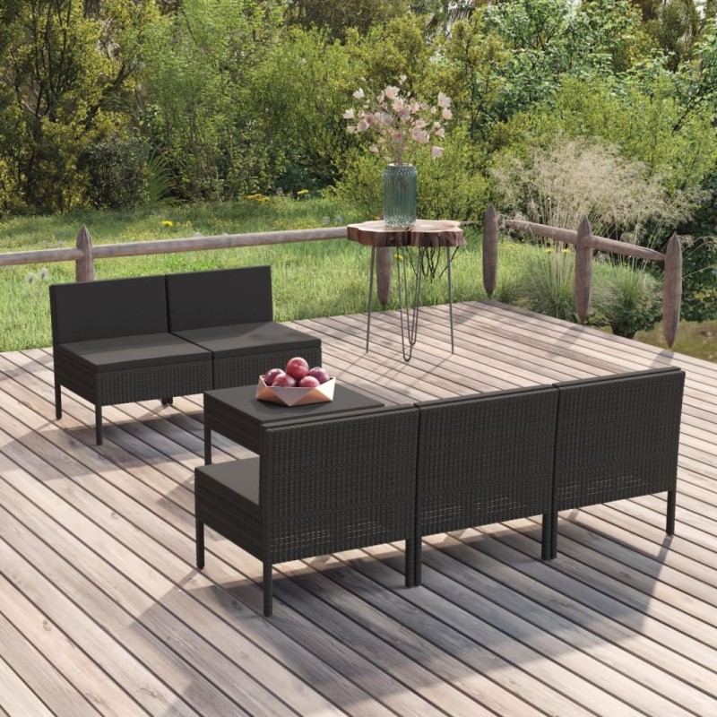 vidaXL Set Divani da Giardino 6 pz con Cuscini in Polyrattan Nero vidaXL Set Divani da Giardino 6 pz con Cuscini in Polyrattan Nero
