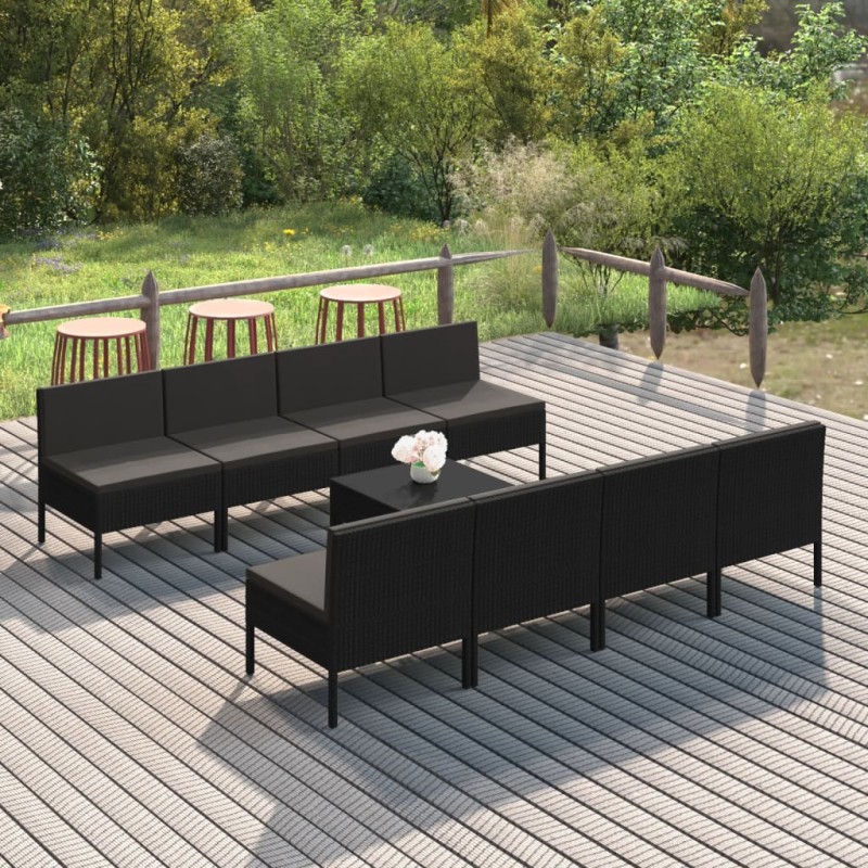 vidaXL Set Divani da Giardino 9 pz con Cuscini in Polyrattan Nero vidaXL Set Divani da Giardino 9 pz con Cuscini in Polyrattan Nero