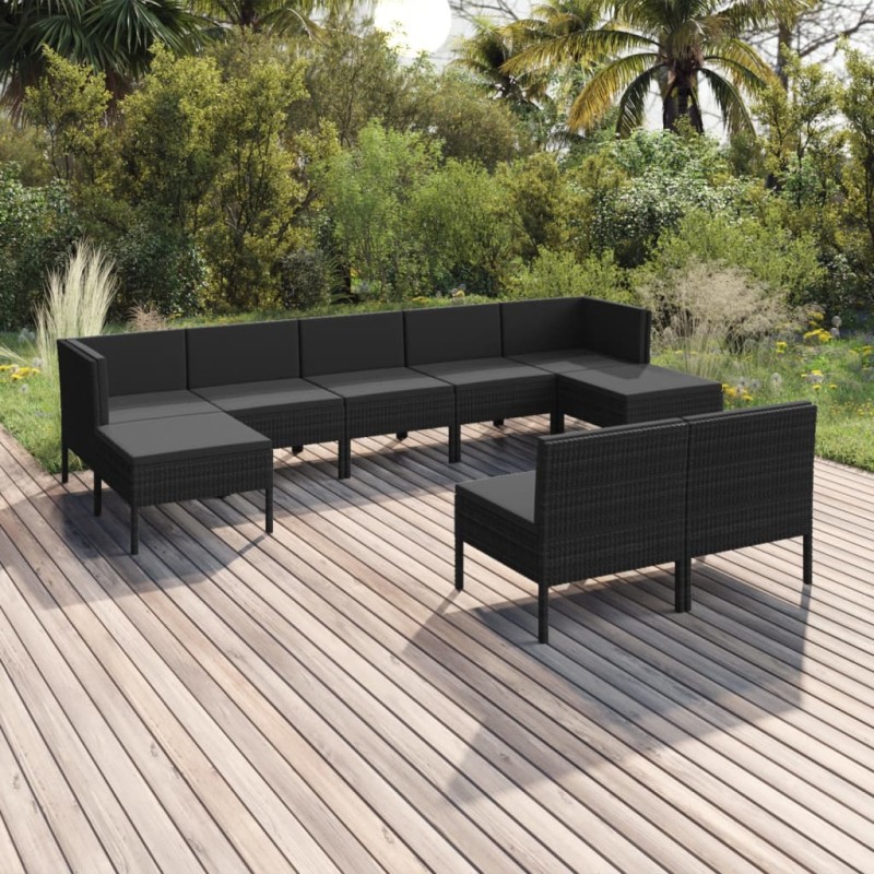 vidaXL Set Divani da Giardino 9 pz con Cuscini in Polyrattan Nero vidaXL Set Divani da Giardino 9 pz con Cuscini in Polyrattan Nero