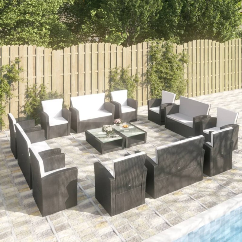 vidaXL Set Divani da Giardino 16 pz con Cuscini in Polyrattan Nero vidaXL Set Divani da Giardino 16 pz con Cuscini in Polyrattan Nero