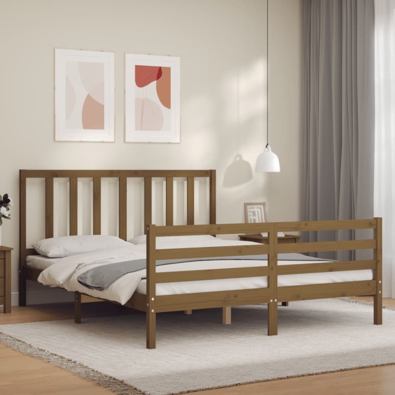 vidaXL Giroletto con Testiera Miele 5FT King Size in Legno Massello vidaXL Giroletto con Testiera Miele 5FT King Size in Legno Massello