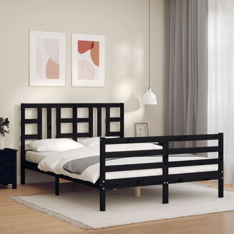 vidaXL Giroletto con Testiera Nero 160x200 cm Legno Massello vidaXL Giroletto con Testiera Nero 160x200 cm Legno Massello