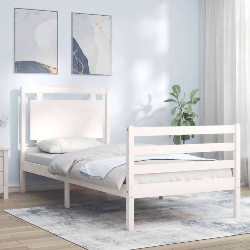 vidaXL Giroletto con Testiera Bianco 90x200 cm in Legno Massello vidaXL Giroletto con Testiera Bianco 90x200 cm in Legno Massello