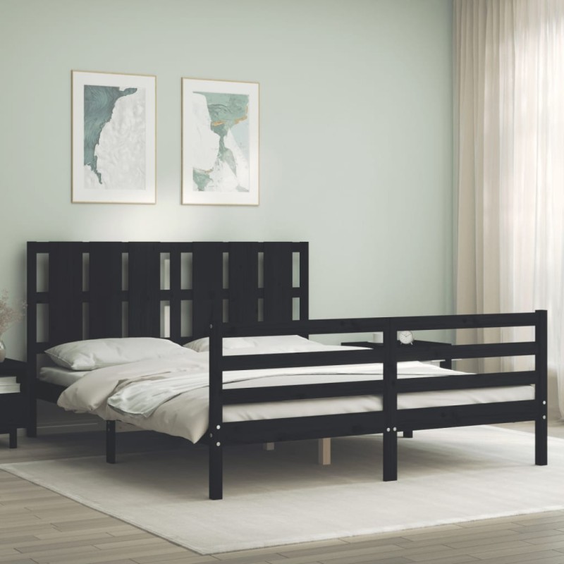 vidaXL Giroletto con Testiera Nero 5FT King Size in Legno Massello vidaXL Giroletto con Testiera Nero 5FT King Size in Legno Massello