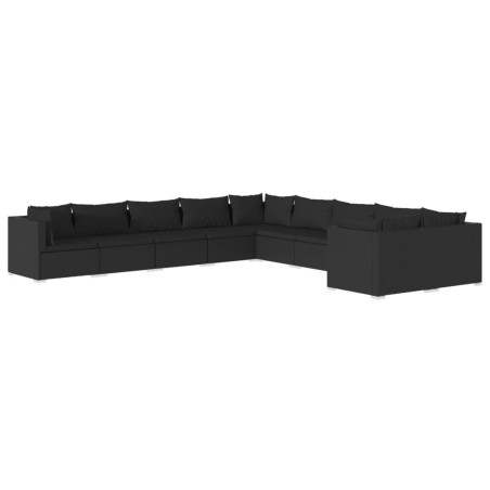 Set Divani da Giardino 10 pz con Cuscini in Polyrattan Nero