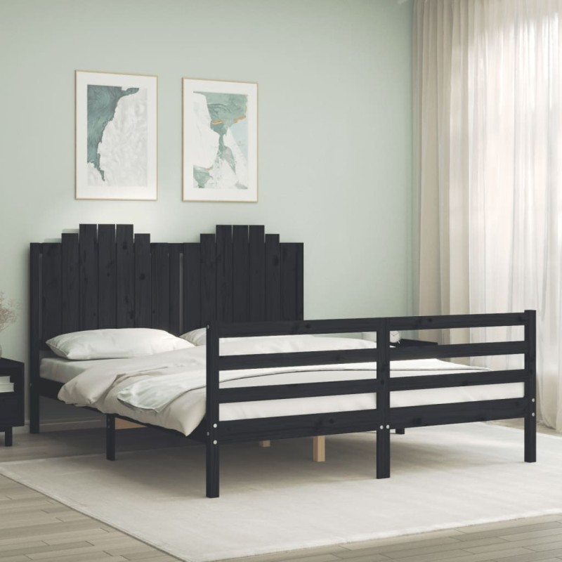 vidaXL Giroletto con Testiera Nero 5FT King Size in Legno Massello vidaXL Giroletto con Testiera Nero 5FT King Size in Legno Massello