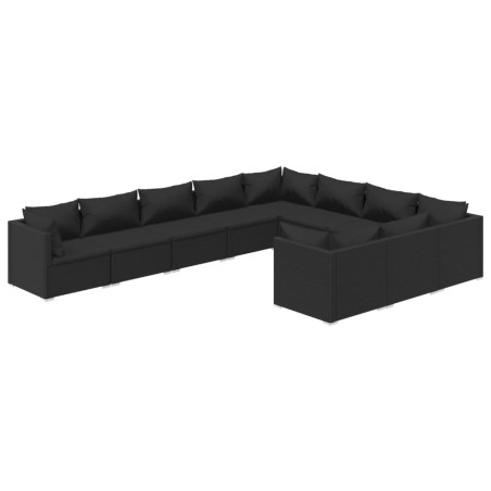 Set Divani da Giardino 10 pz con Cuscini in Polyrattan Nero
