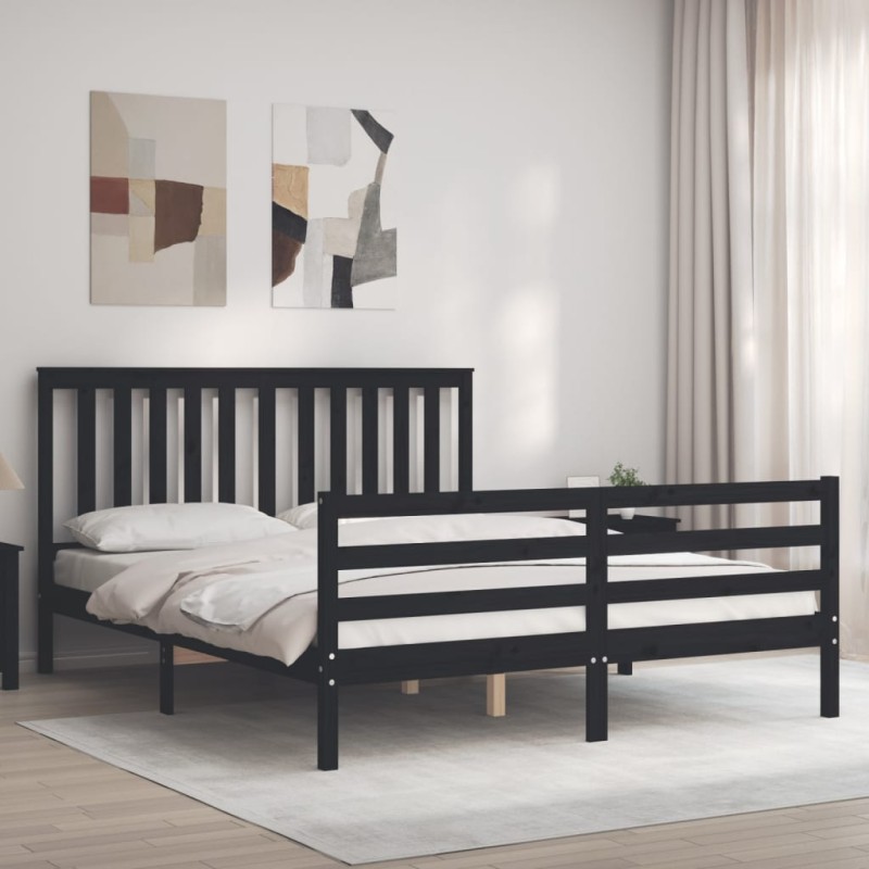vidaXL Giroletto con Testiera Nero 5FT King Size in Legno Massello vidaXL Giroletto con Testiera Nero 5FT King Size in Legno Massello