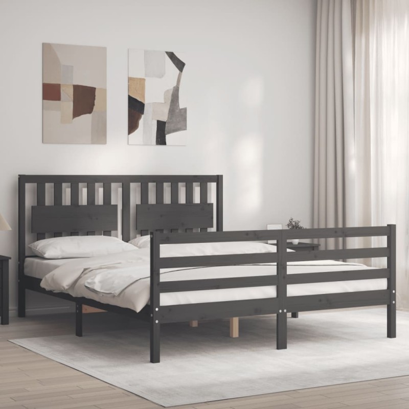 vidaXL Giroletto con Testiera Grigio 160x200 cm Legno Massello vidaXL Giroletto con Testiera Grigio 160x200 cm Legno Massello