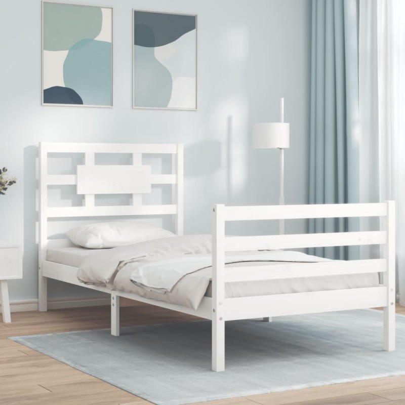 vidaXL Giroletto con Testiera Bianco 90x200 cm in Legno Massello vidaXL Giroletto con Testiera Bianco 90x200 cm in Legno Massello
