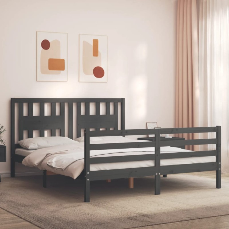 vidaXL Giroletto con Testiera Grigio 160x200 cm Legno Massello vidaXL Giroletto con Testiera Grigio 160x200 cm Legno Massello