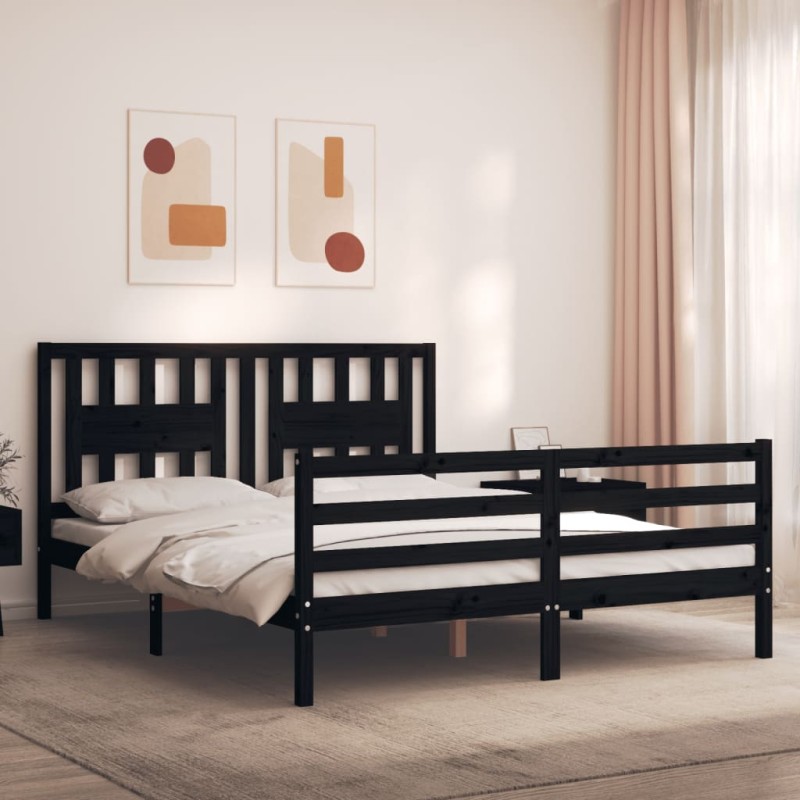 vidaXL Giroletto con Testiera Nero 160x200 cm Legno Massello vidaXL Giroletto con Testiera Nero 160x200 cm Legno Massello