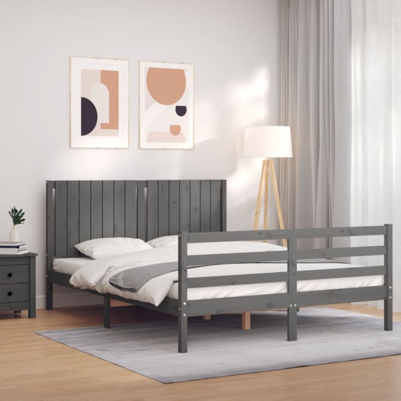 vidaXL Giroletto con Testiera Grigio 5FT King Size in Legno Massello vidaXL Giroletto con Testiera Grigio 5FT King Size in Legno Massello