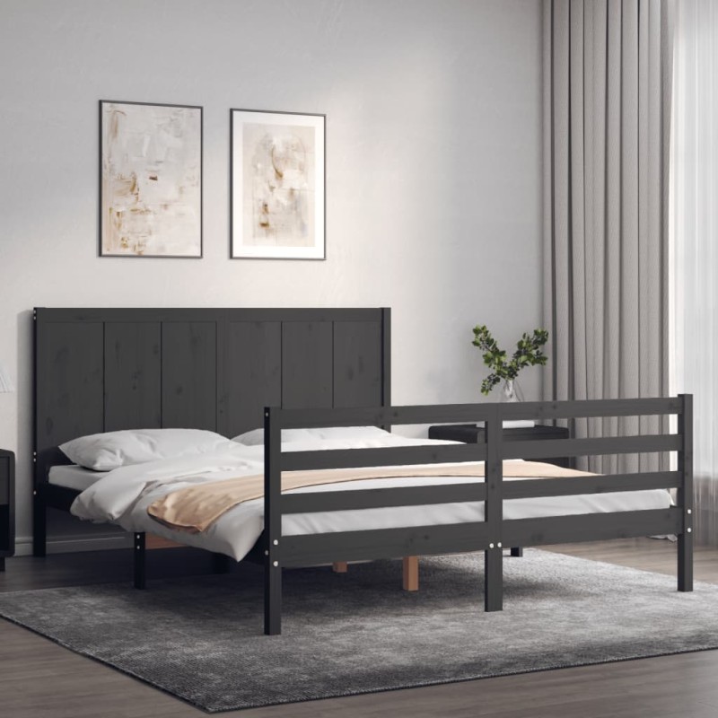 vidaXL Giroletto con Testiera Grigio 5FT King Size in Legno Massello vidaXL Giroletto con Testiera Grigio 5FT King Size in Legno Massello